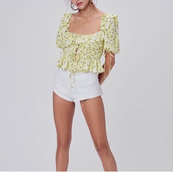 For Love & Lemons Chrysanthemum Floral Tie Front Short Sleeve Top Sz XS - Picture 10 of 10